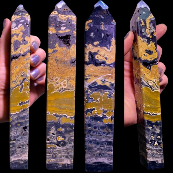 Gorgeous ocean Jasper tower with druzy and rare yellow gray black colors